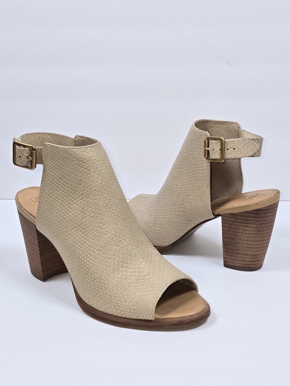 UGG Audrey Snake Embossed Leather Peep Toe Slingback Chunky Heels Sandal Sz.10